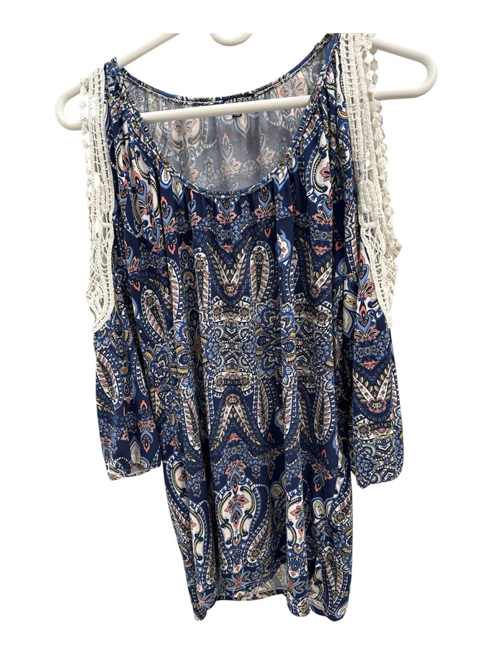 Ava & Grace Navy Paisley Cold-Shoulder Tunic with Crochet Trim Plus Large